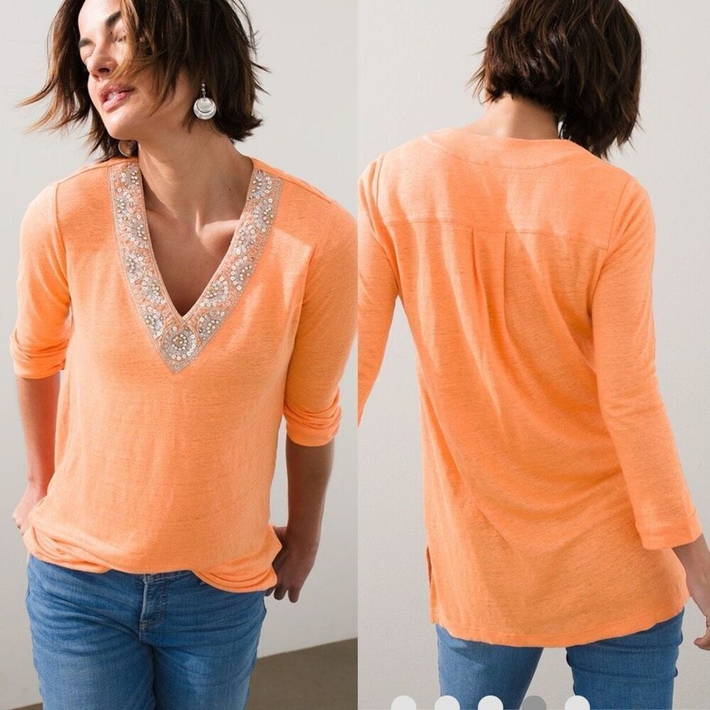 Chico’s‎ Linen Embellished Pullover Tunic Top Medium